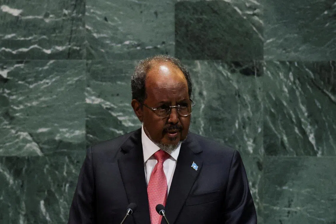 FILE PHOTO: Somalia's President Hassan Sheikh Mohamud addresses the 80th United Nations General Assembly (UNGA) at the U.N. headquarters in New York, U.S., September 25, 2025. REUTERS/Jeenah Moon/File Photo