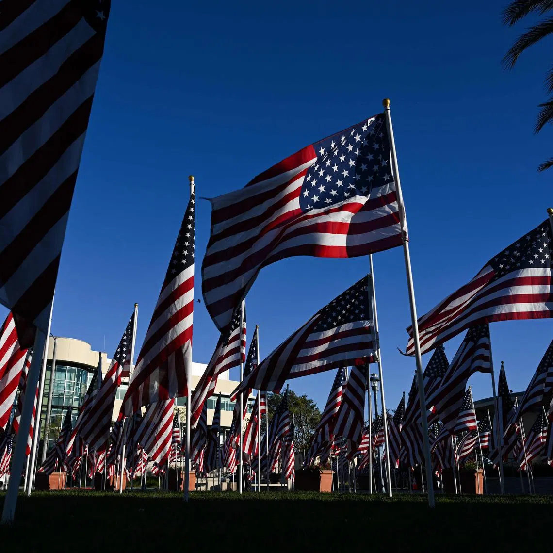 US flags displayed ahead of the Veterans Day holiday outside of City Hall in Lawndale, California, on Nov 9, 2022.