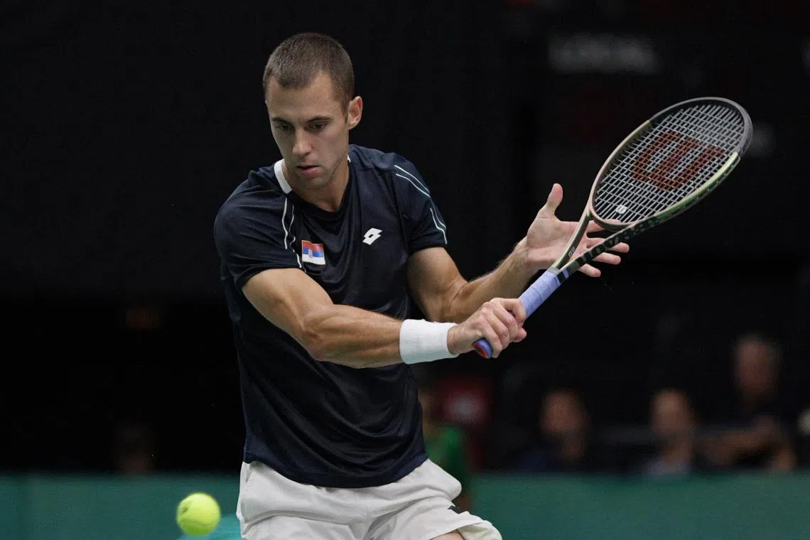 FILE PHOTO: Tennis - Davis Cup - Finals - Spain v Serbia - Pabellon Fuente de San Luis, Valencia, Spain - September 15, 2023 Serbia's Laslo Djere in action during his match against Spain's Albert Ramos-Vinolas REUTERS/Pablo Morano/File Photo
