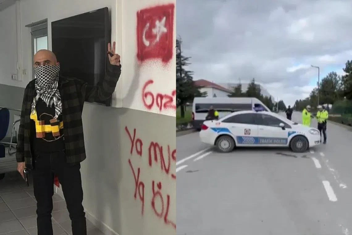 A photo circulating online showed the alleged assailant holding a gun with what appeared to be a suicide vest strapped to his chest, as police guarded the scene in an online video. 