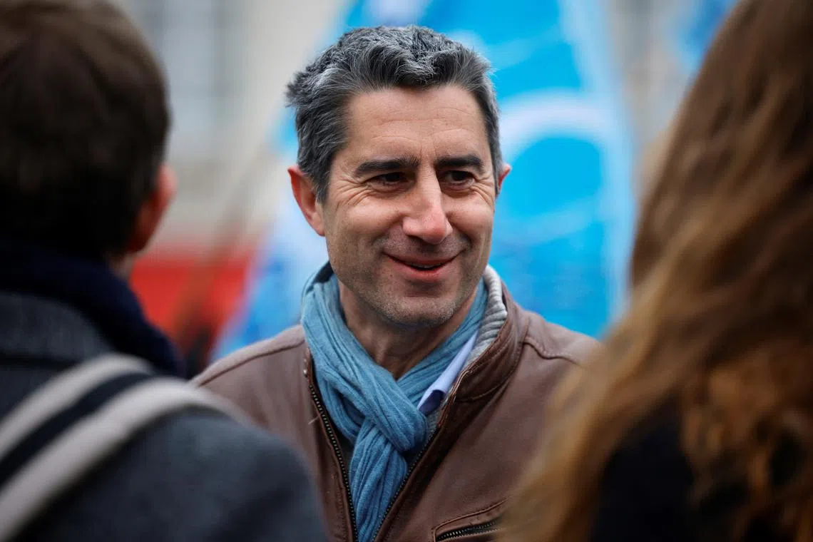 FILE PHOTO: Member of parliament Francois Ruffin of the French far-left opposition party La France Insoumise (France Unbowed) and the left-wing coalition NUPES talks to journalists after a joint news conference of French labour unions on pension reform near the National Assembly in Paris, France, January 25, 2023. REUTERS/Sarah Meyssonnier/File Photo
