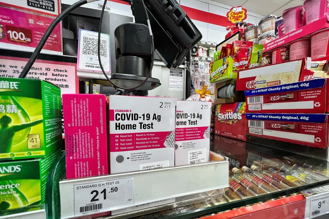 The restocked ART kits as seen at the payment counter of a 7-11 outlet at Braddell MRT on Dec 7, 2023. The cashier said the new stock came in the afternoon.
