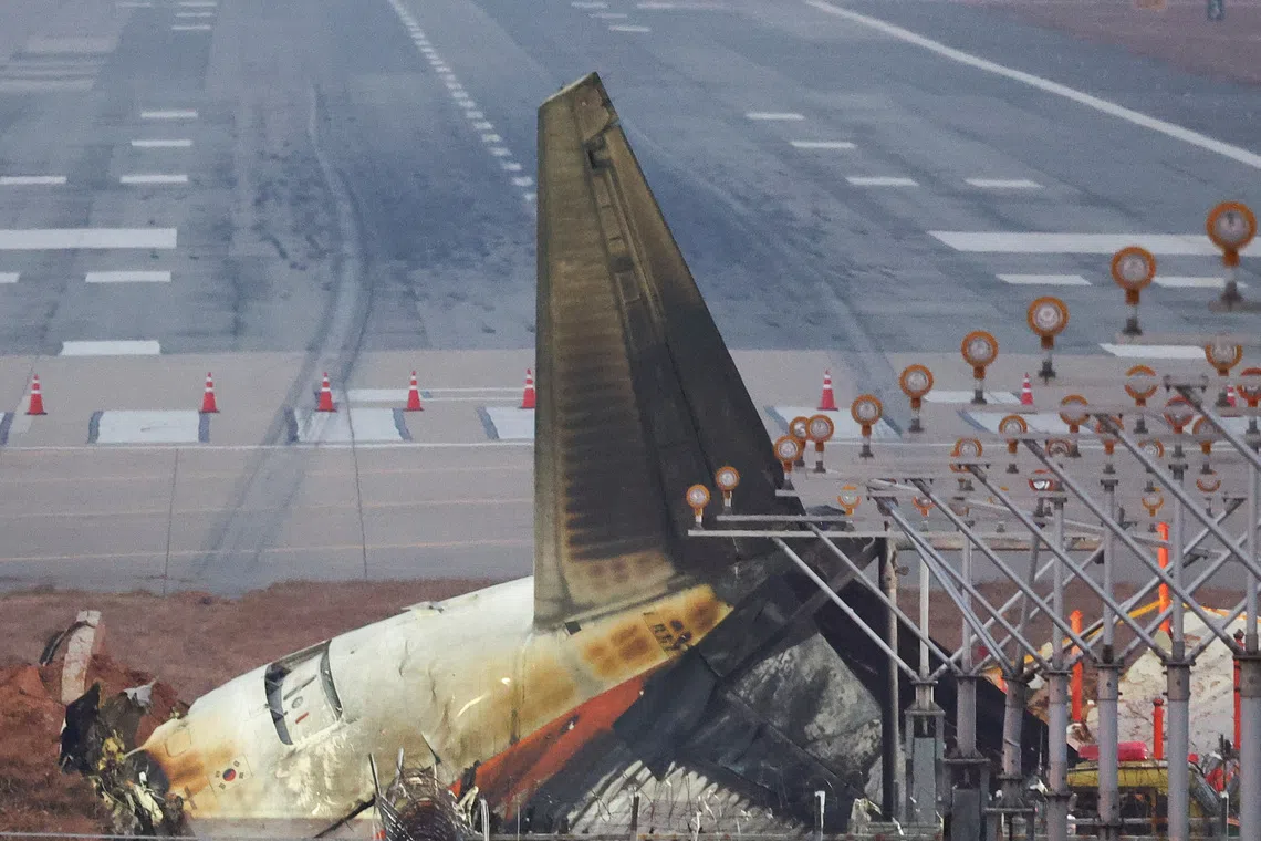The wreckage of the Jeju Air aircraft that went off the runway and crashed lies near skid marks on the runway at Muan International Airport, in Muan, South Korea, December 30, 2024. REUTERS/Kim Hong-Ji/File Photo