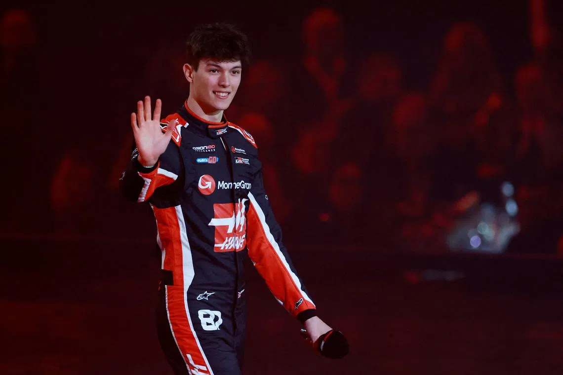 FILE PHOTO: Formula One F1 - F1 75 Live Season Launch - The O2, London, Britain - February 18, 2025 Haas' Oliver Bearman during the launch REUTERS/Andrew Boyers/File Photo