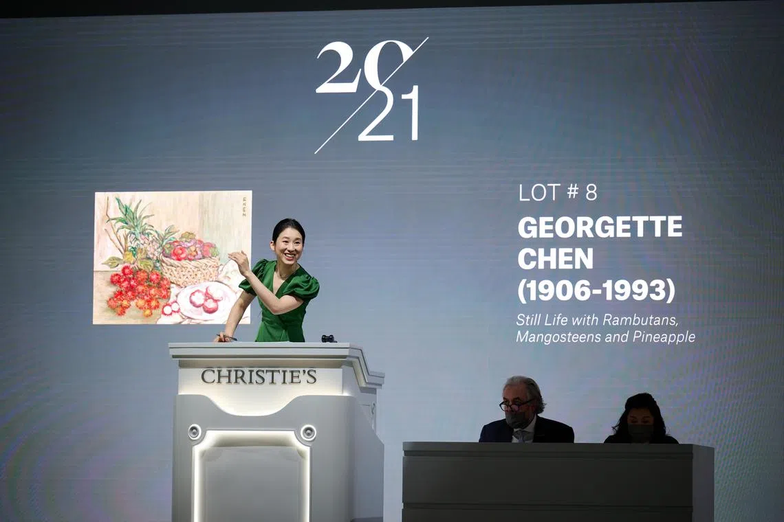 asbacka - Painting by Singapore pioneer artist Georgette Chen called Still Life with Rambutans, Mangosteens and Pineapple sets a new price record of $2.3 million at Christie's live auction in Hong kong on Nov 30 PHOTO: CHRISTIE’S IMAGES LIMITED 2022