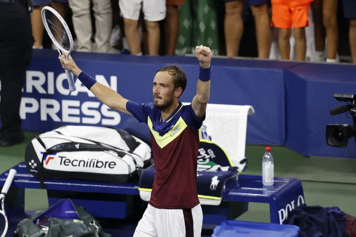 Sep 4, 2023; Flushing, NY, USA; Daniil Medvedev celebrates after his match against Alex de Minaur of Australia (not pictured) on day eight of the 2023 U.S. Open tennis tournament at USTA Billie Jean King National Tennis Center. Mandatory Credit: Geoff Burke-USA TODAY Sports