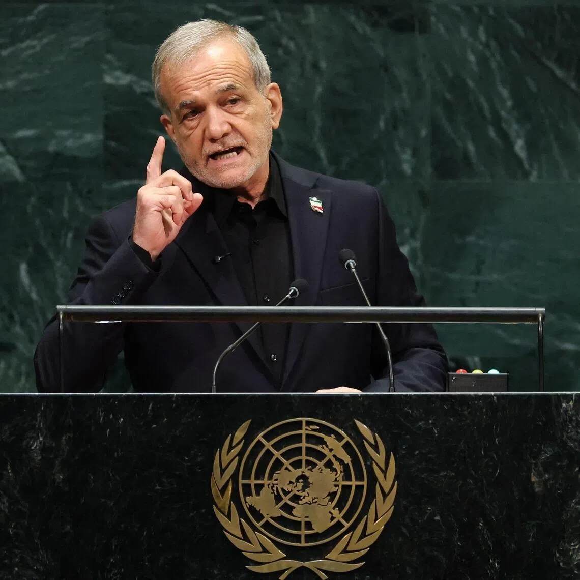 Iran’s President Masoud Pezeshkian speaking during the 81st United Nations General Assembly at the United Nations Headquarters in New York, on Sept 23.