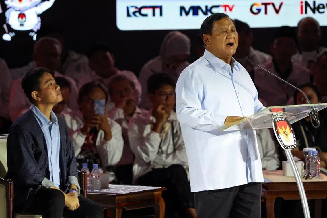 Indonesia's Defence Minister and presidential candidate, Prabowo Subianto speaks during a televised debate at the Istora Senayan stadium in Jakarta, Indonesia, January 7, 2024. REUTERS/Ajeng Dinar Ulfiana/file photo