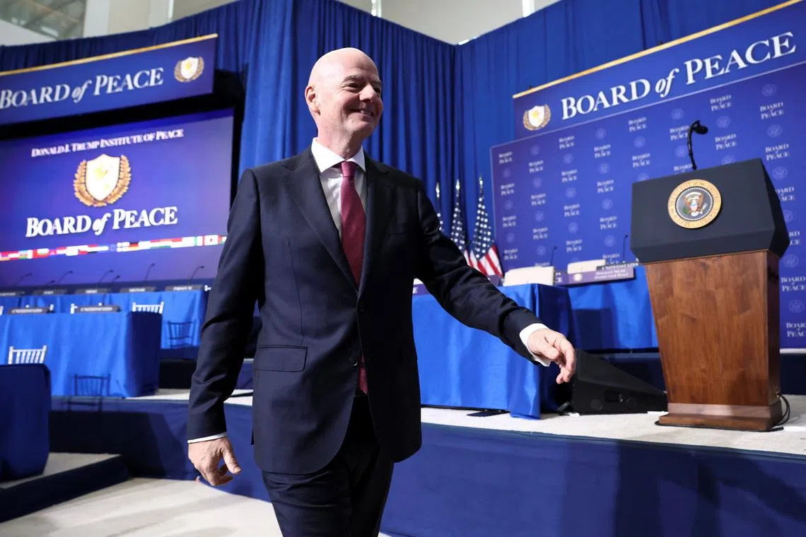 FIFA president Gianni Infantino attends the inaugural Board of Peace meeting at the U.S. Institute of Peace in Washington, D.C., U.S., February 19, 2026. REUTERS/Kevin Lamarque/File Photo
