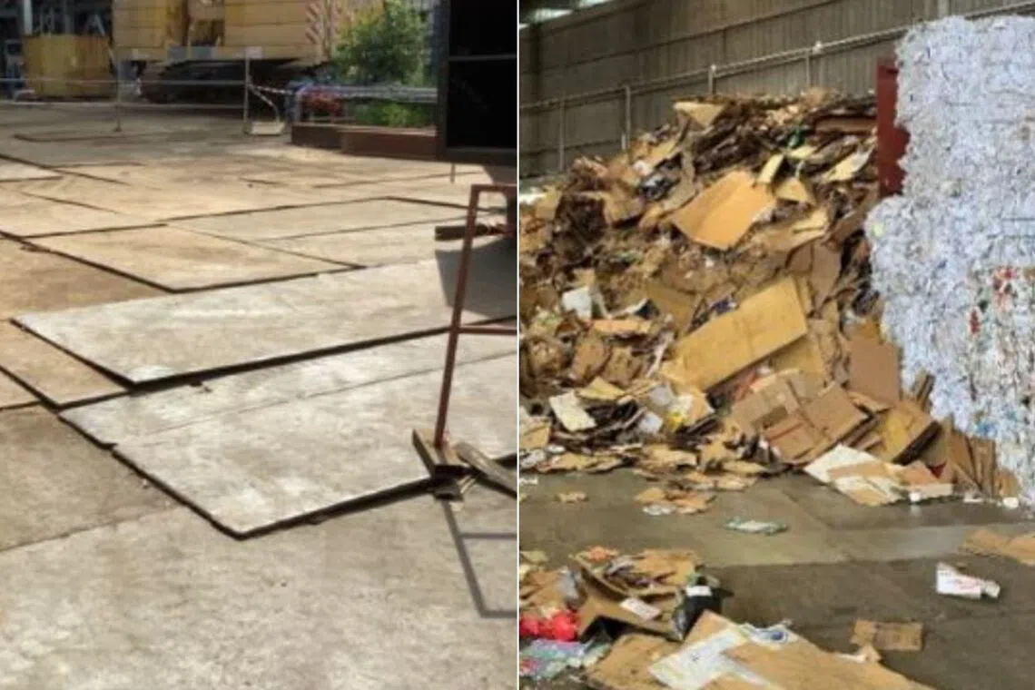 The Ministry of Manpower uncovered workplaces hazards like uneven steel plates (left) and waste blocking walkways (right). 