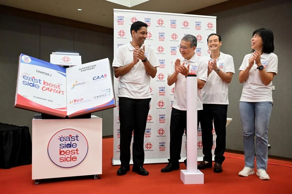 (From left) East Coast GRC MPs Dinesh Vasu Dash, Edwin Tong, Tan Kiat How and Jessica Tan at the launch of the East Side Best Careers initiative on Jan 14.