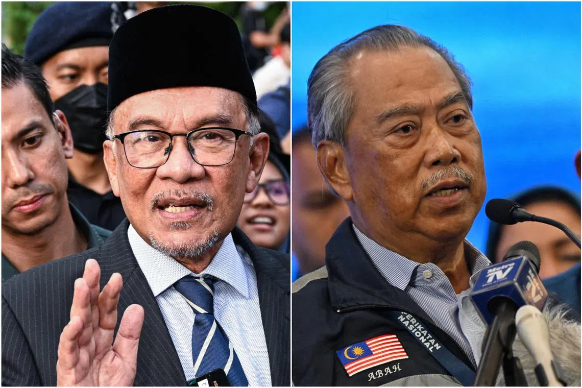 Malaysian PM Anwar Ibrahim (left) had previously consistently challenged PN leaders, especially Tan Sri Muhyiddin Yassin, to declare their assets.