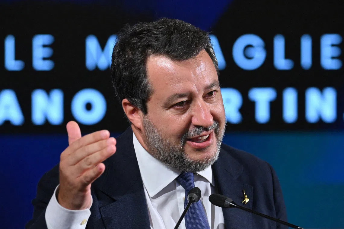 FILE PHOTO: Italy Deputy Prime Minister Matteo Salvini, during the unveiling of the Milano Cortina Winter Olympics medals at Palazzo Balbi, Venice, Italy - July 15, 2025  REUTERS/Alberto Lingria/File Photo