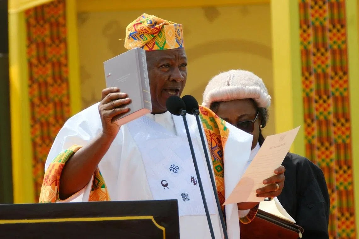 Ghana's President-elect John Dramani Mahama takes the oath of office during the swearing-in ceremony for his second term, led by Chief Justice Gertrude Torkornoo at the Black Star Square in Accra, Ghana January 7, 2025. REUTERS/Francis Kokoroko/File Photo