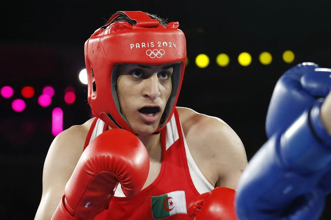 FILE PHOTO: Paris 2024 Olympics - Boxing - Women's 66kg - Final - Roland-Garros Stadium, Paris, France - August 09, 2024. Imane Khelif of Algeria in action against Liu Yang of China. REUTERS/Peter Cziborra/ File Photo