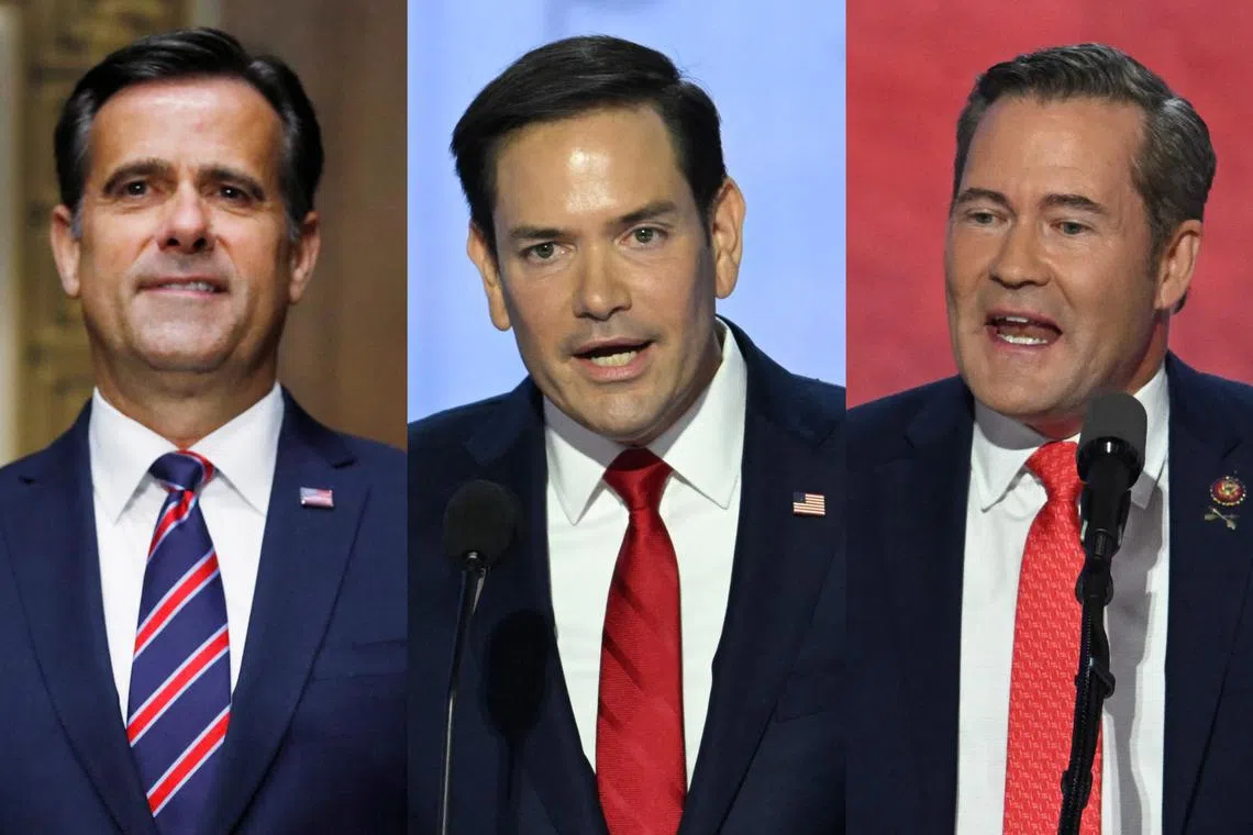 China hawks (from left) John Ratcliffe, Marco Rubio and Mike Waltz have been nominated as CIA chief, secretary of state and national security adviser respectively, by US President-elect Donald Trump.