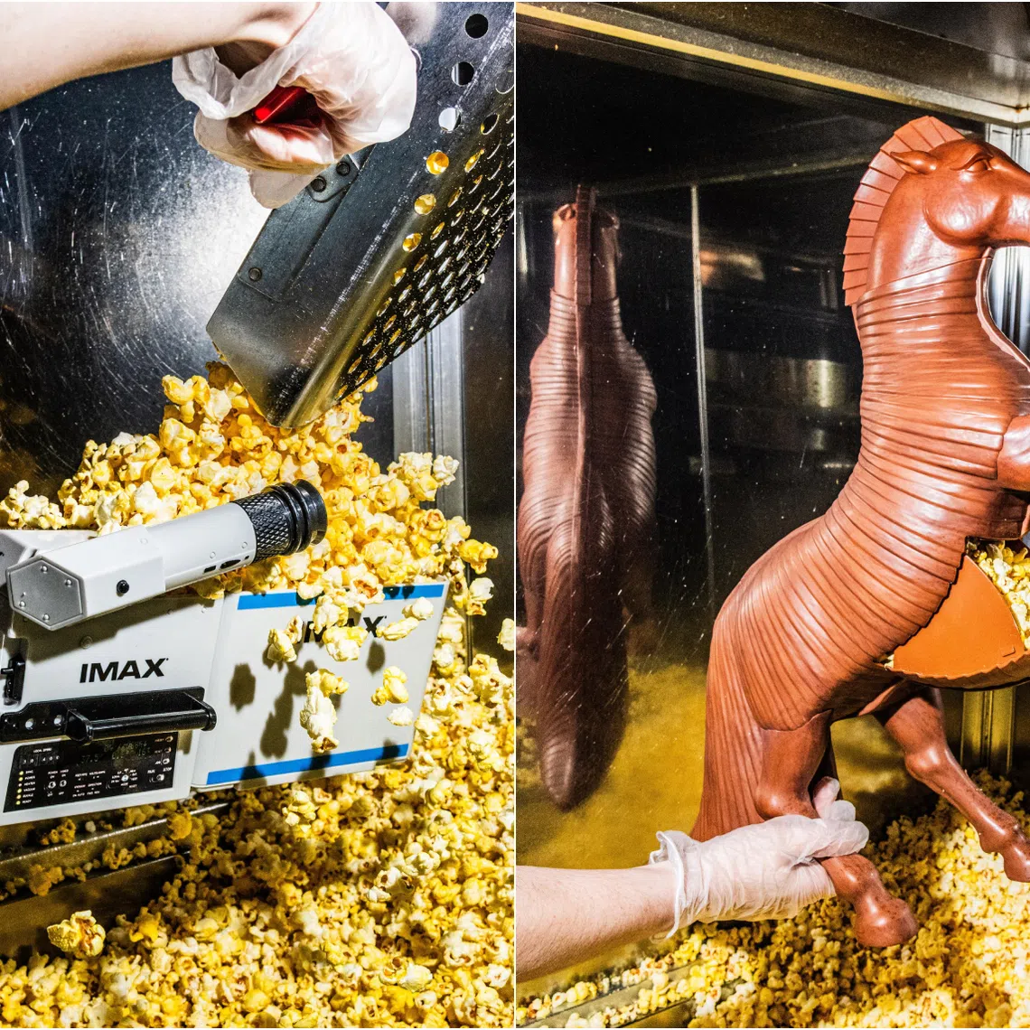 (From left) A popcorn bucket replica of the IMAX camera used by Christopher Nolan and a 22-inch popcorn bucket rendering of the Trojan horse in The Odyssey.