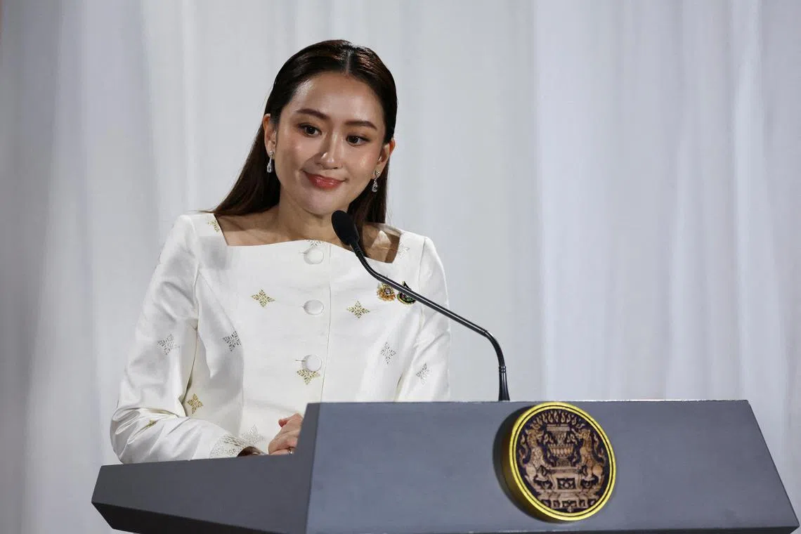 FILE PHOTO: Thailand's Prime Minister Paetongtarn Shinawatra attends a press conference at the Pheu Thai party headquarters following a royal endorsement ceremony in Bangkok, Thailand, August 18, 2024. REUTERS/Chalinee Thirasupa/File Photo