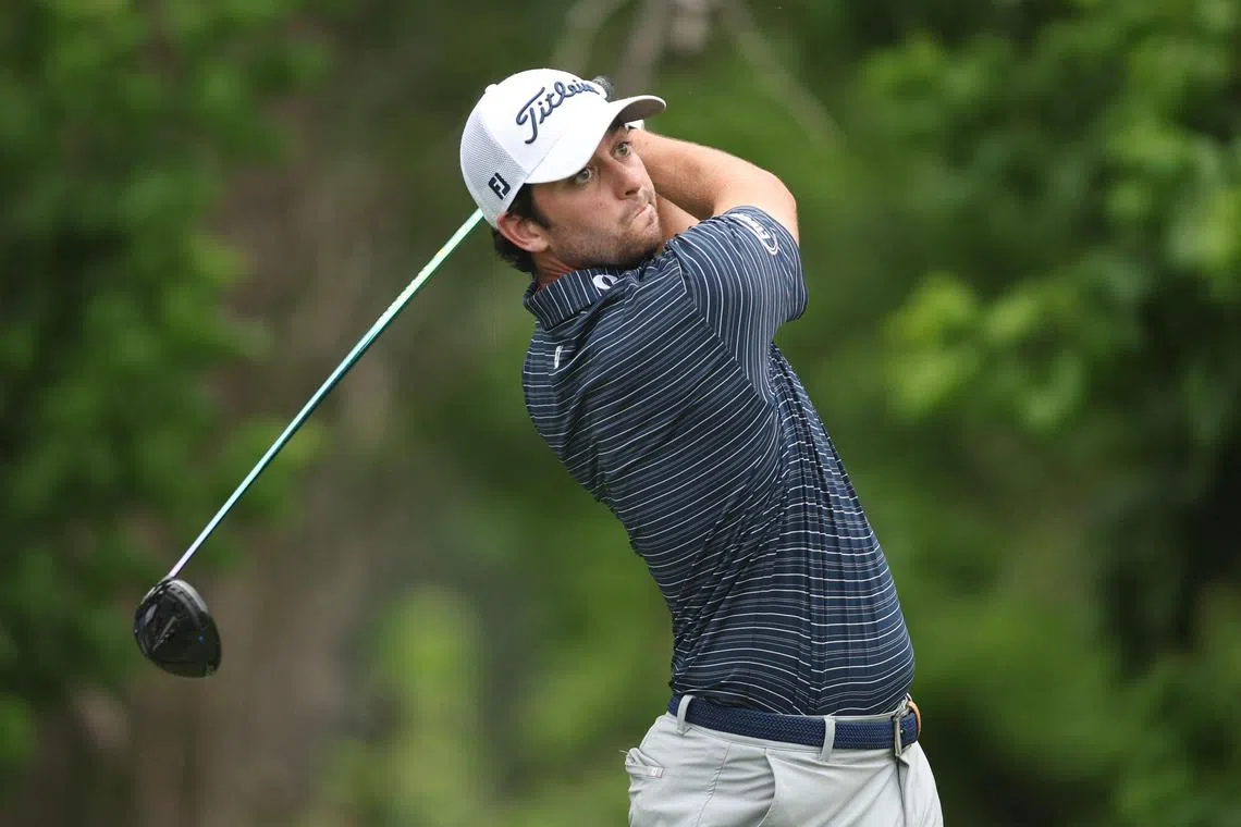 Davis Riley of the United States hits a tee shot on the sixth hole during the second round of the Charles Schwab Challenge at Colonial Country Club on May 24, 2024.