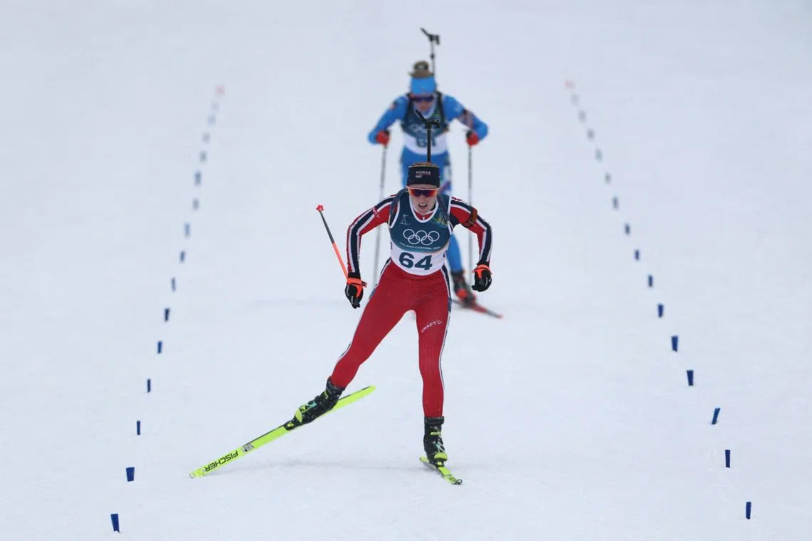 Milano Cortina 2026 Olympics - Biathlon - Women's 7.5km Sprint - Anterselva Biathlon Arena, South Tyrol, Italy - February 14, 2026. Maren Kirkeeide of Norway crosses the finish line of the Women's 7.5km Sprint REUTERS/Eloisa Lopez