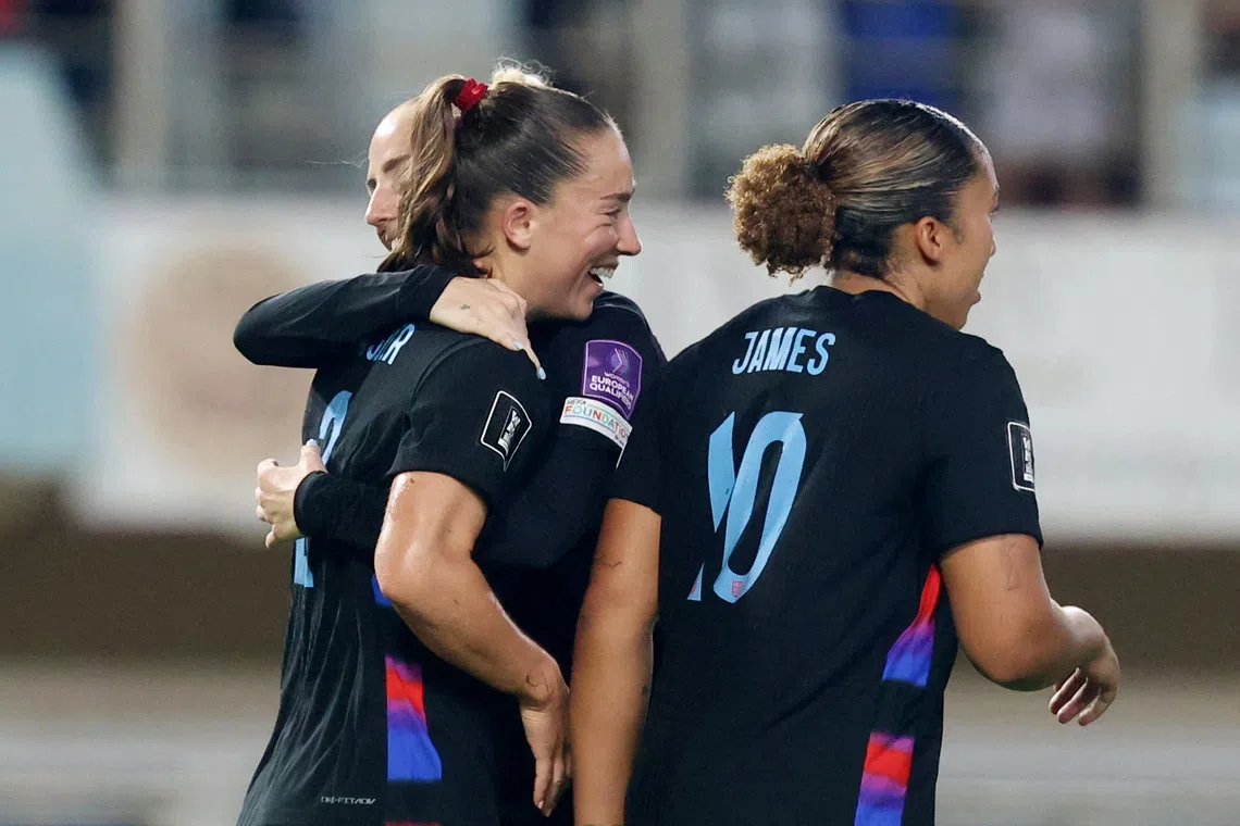 Soccer Football - FIFA World Cup 2027 - Play Off - Semi Final - First Leg - Greece v England - Pankritio Stadium, Heraklion, Greece - October 9, 2026 England's Maya Le Tissier celebrates scoring their second goal with teammates REUTERS/Stefanos Rapanis