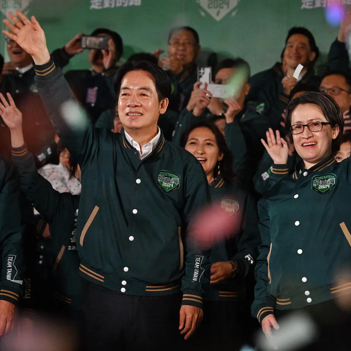 Taiwan's president-elect Lai Ching-te and vice-president-elect Hsiao Bi-khim celebrating their victory on Jan 13.