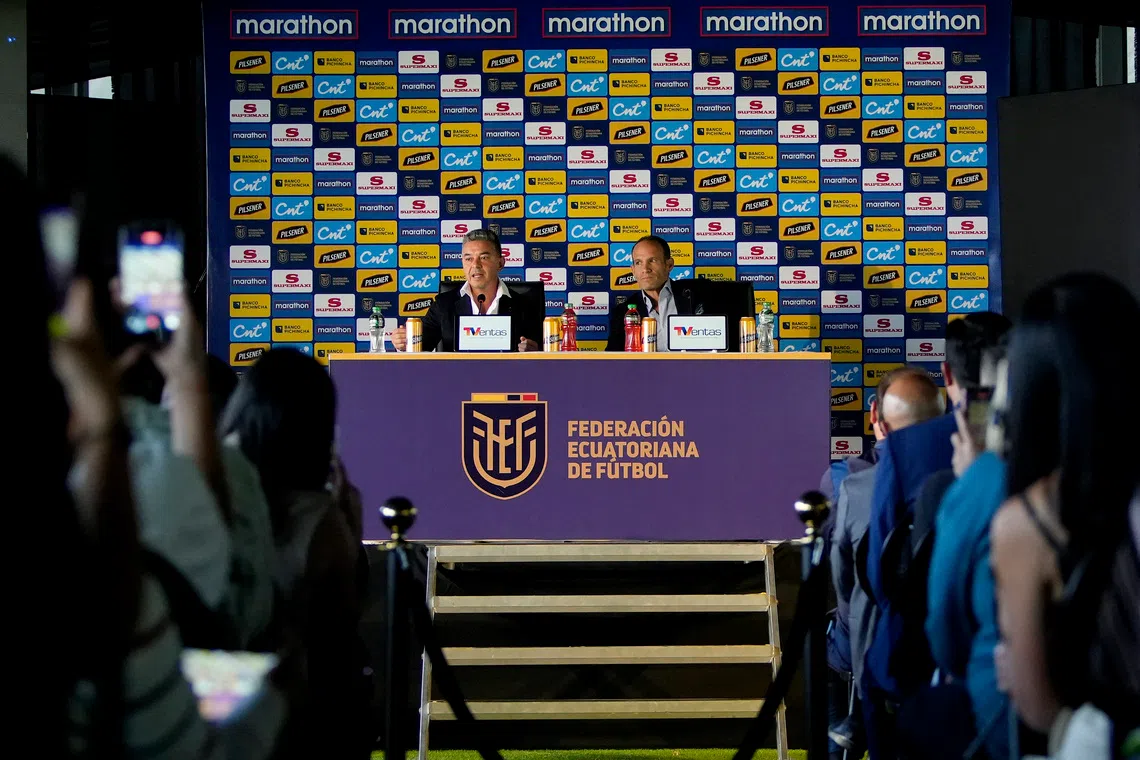 Soccer Football - Ecuador unveil new coach Marcelo Gallardo - Casa de la Seleccion, Quito, Ecuador - September 17, 2026 Ecuador Football Federation president Francisco Egas and Marcelo Gallardo attend a press conference to present Gallardo as the new coach of Ecuador's national soccer team REUTERS/Cristina Vega