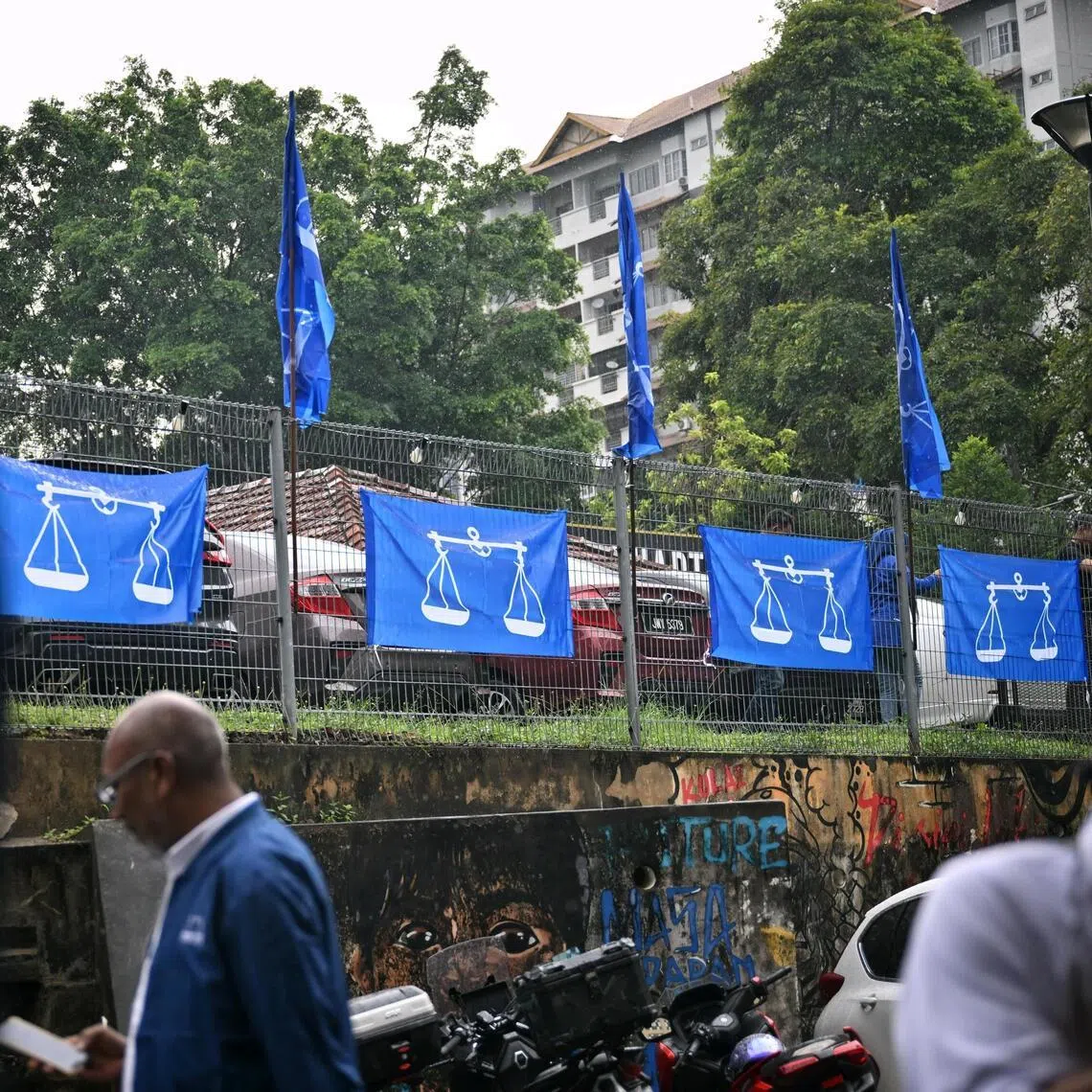 A scene outside the Johor UMNO Liaison Headquarters on June 24. UMNO is the main party under the Barisan Nasional coalition, which is contesting all 56 seats in the upcoming Johor state election.