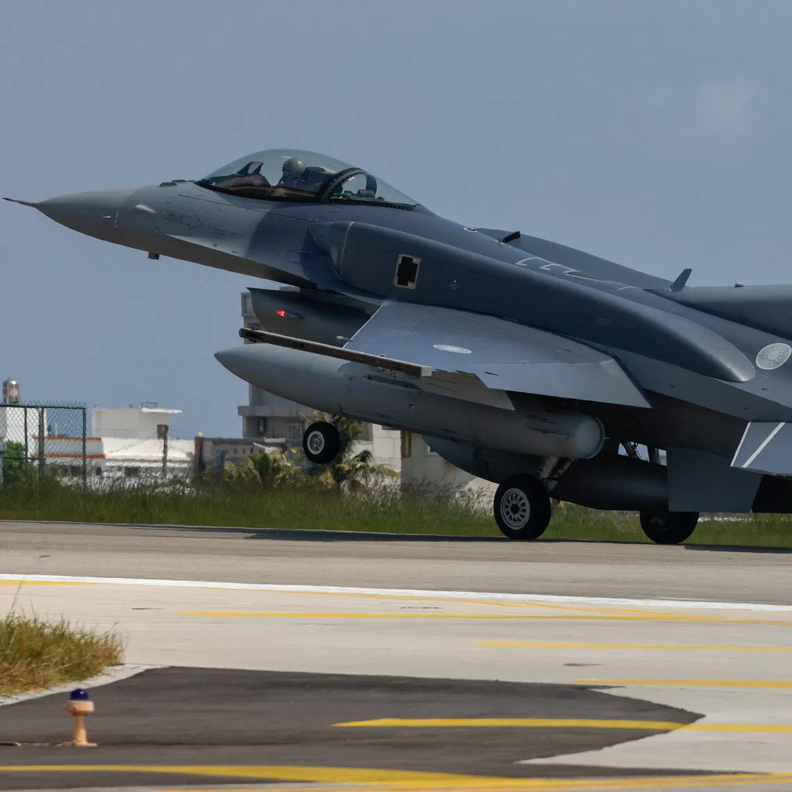 A Lockheed Martin F-16V fighter jet landing at Taitung’s Chihhang Air Base in Taiwan on Oct 2.