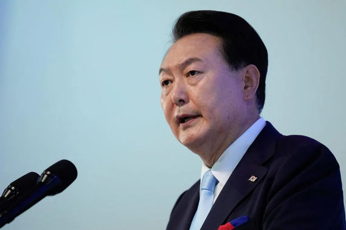South Korean President Yoon Suk Yeol delivers a speech during a ceremony to celebrate the 78th anniversary of the Korean Liberation Day from Japanese colonial rule in 1945, in Seoul, South Korea, Tuesday, Aug. 15, 2023.     Lee Jin-man/Pool via REUTERS/File Photo