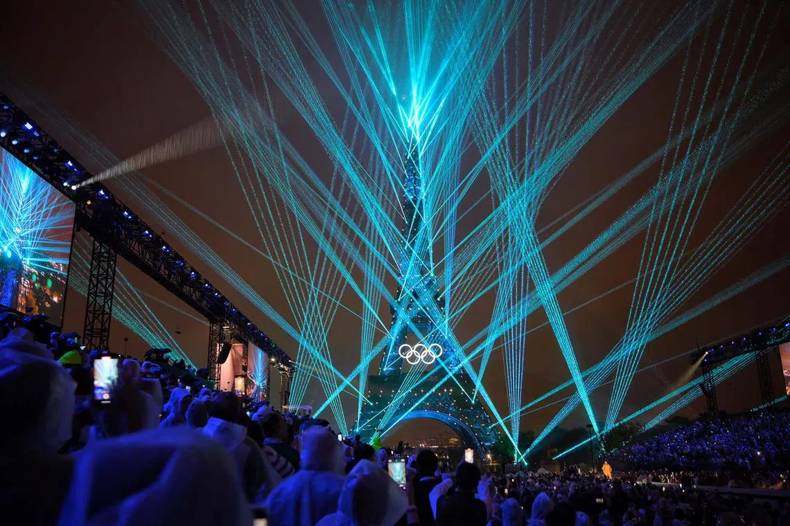 The light show as seen from the Trocadero during the Paris 2024 Olympics opening ceremony held on 26 July, 2024