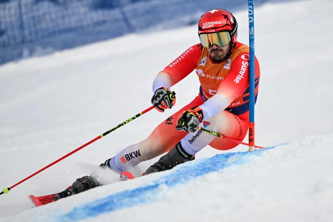 Dec 7, 2025; Beaver Creek, Colorado, UNITED STATES;  Loic Meillard of Switzerland competes during the men's giant slalom alpine skiing race during the FIS World Cup at Birds of Prey. Mandatory Credit: Marc Desrosiers-Imagn Images