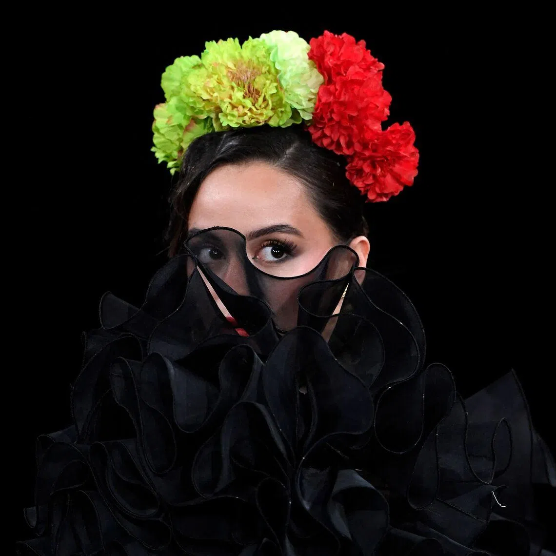 A model presenting a creation by Yolanda Rivas during the International Flamenco Fashion Week in Seville, Spain on Jan 31, 2026. 