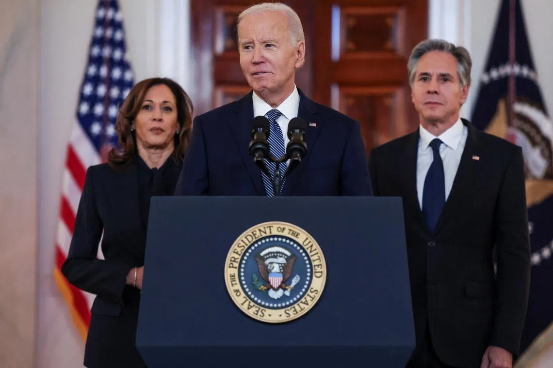 U.S. President Joe Biden speaks after negotiators reached a phased deal for a ceasefire in Gaza between Israel and Hamas, during remarks at the White House in Washington, U.S., January 15, 2025. REUTERS/Evelyn Hockstein