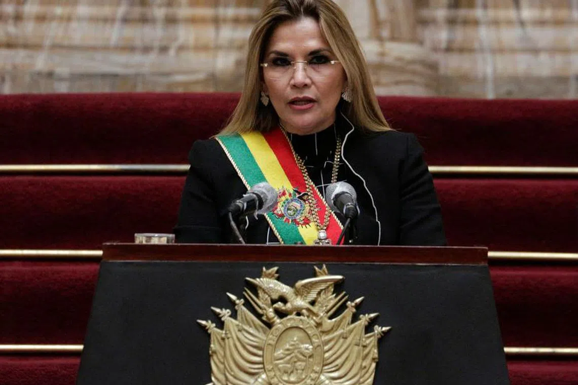 Bolivia's interim President Jeanine Anez speaks during a ceremony marking the 195th anniversary of the Bolivia foundation at the presidential palace, amid the coronavirus disease (COVID-19) outbreak, in La Paz, Bolivia, August 6, 2020. REUTERS/David Mercado/File Photo