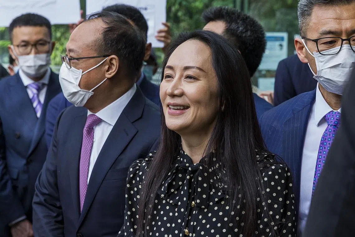 Huawei CFO Meng Wanzhou leaving the British Columbia Supreme Court in Vancouver on Sept 24, 2021. 