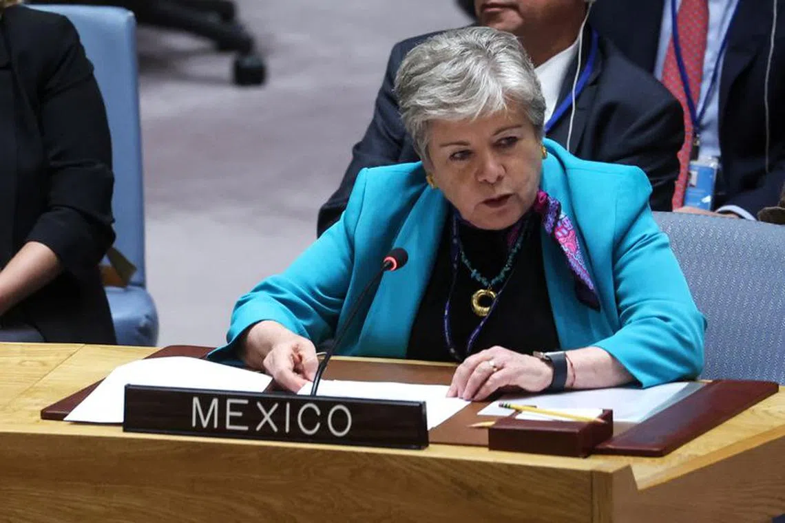 Mexico's Foreign Minister Alicia Barcena speaks during a ministerial level meeting of the United Nations Security Council on the crisis in Ukraine at U.N. headquarters in New York, September 20, 2023. REUTERS/Mike Segar/ File Photo