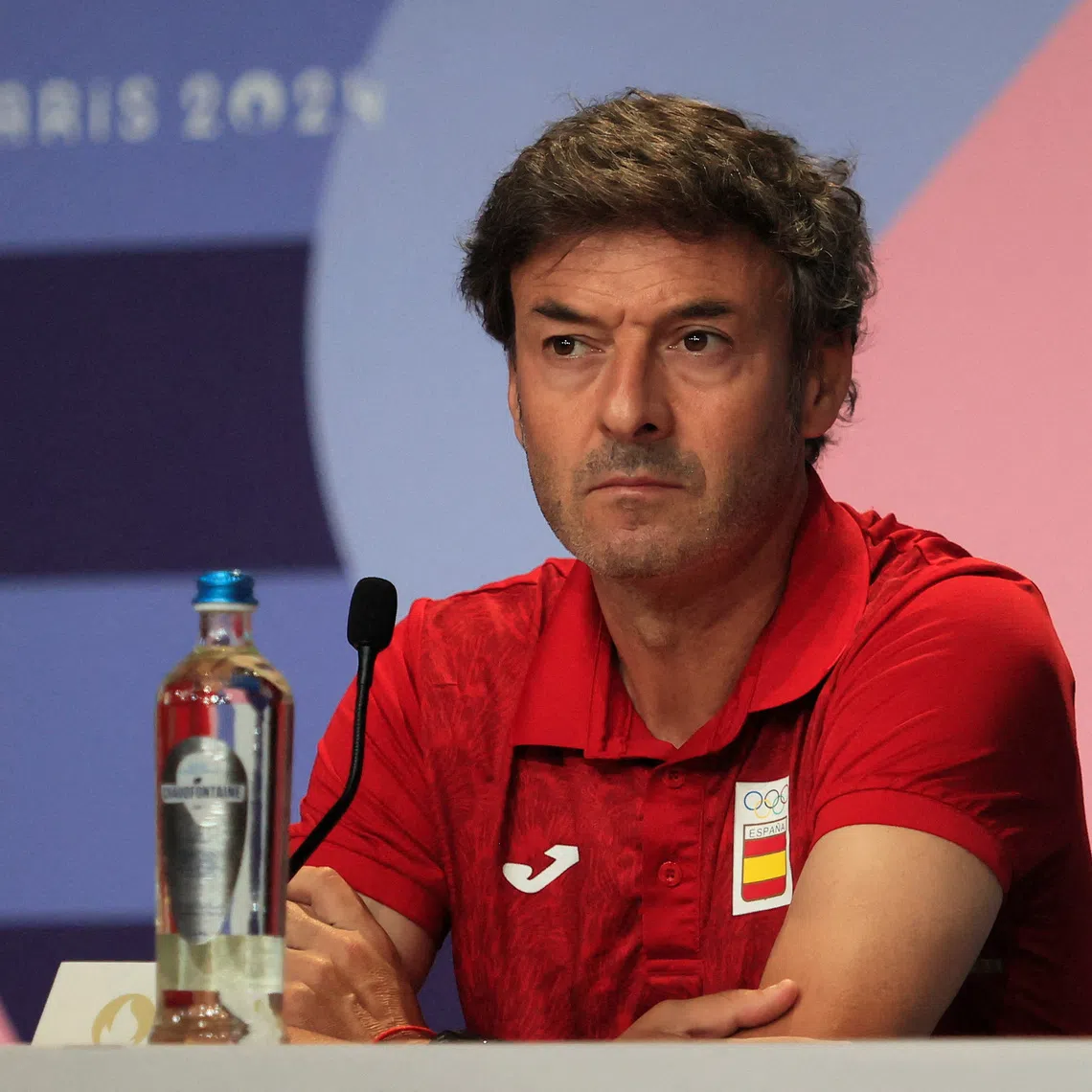 FILE PHOTO: Paris 2024 Olympics - Spain Men's Football Press Conference - Main Press Centre, Paris, France - August 08, 2024. Spain coach Santi Denia during the press conference. REUTERS/Carlos Perez Gallardo/File Photo