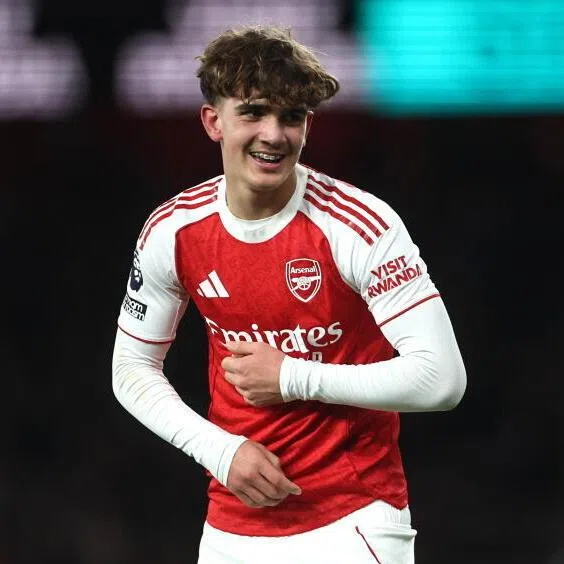 Max Dowman of Arsenal celebrates after scoring the 2-0 goal during the English Premier League match of Arsenal FC against Everton FC, in London, Britain, March 14.