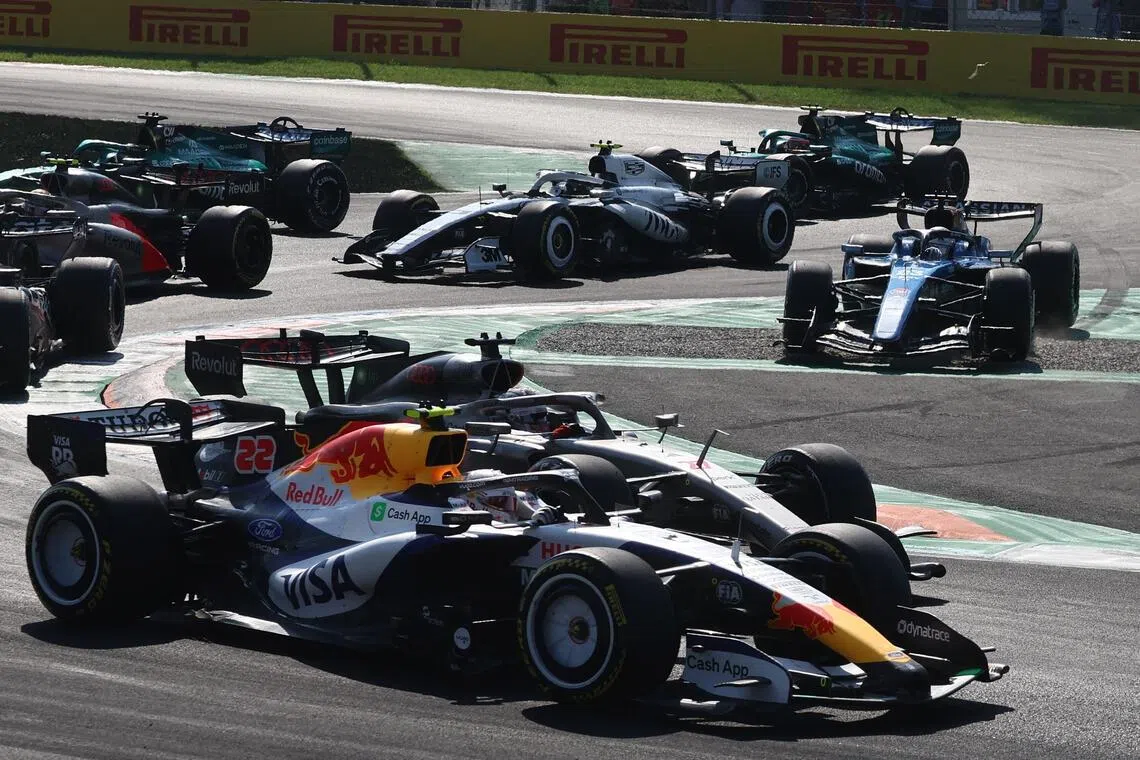 Racing Bull’s Yuki Tsunoda and Sauber’s Nico Hulkenberg during the Italian Grand Prix on Sept 6.