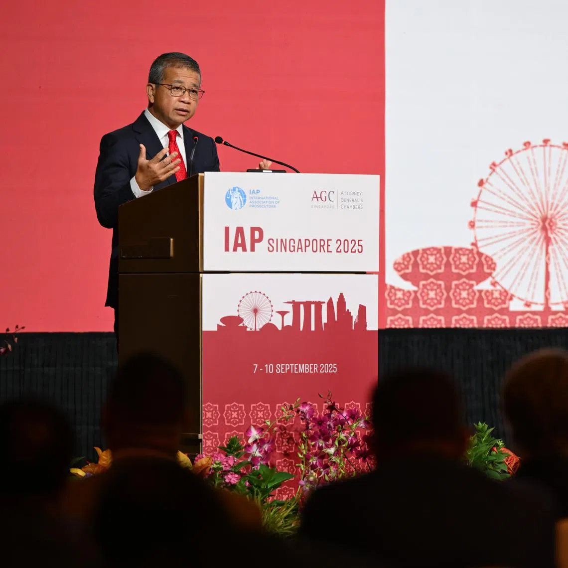 Edwin Tong, Minister for Law and Second Minister for Home Affairs, Singapore, giving the keynote speech at the 30th Annual Conference and General Meeting of the International Association of Prosecutors on Sept 8, 2025.