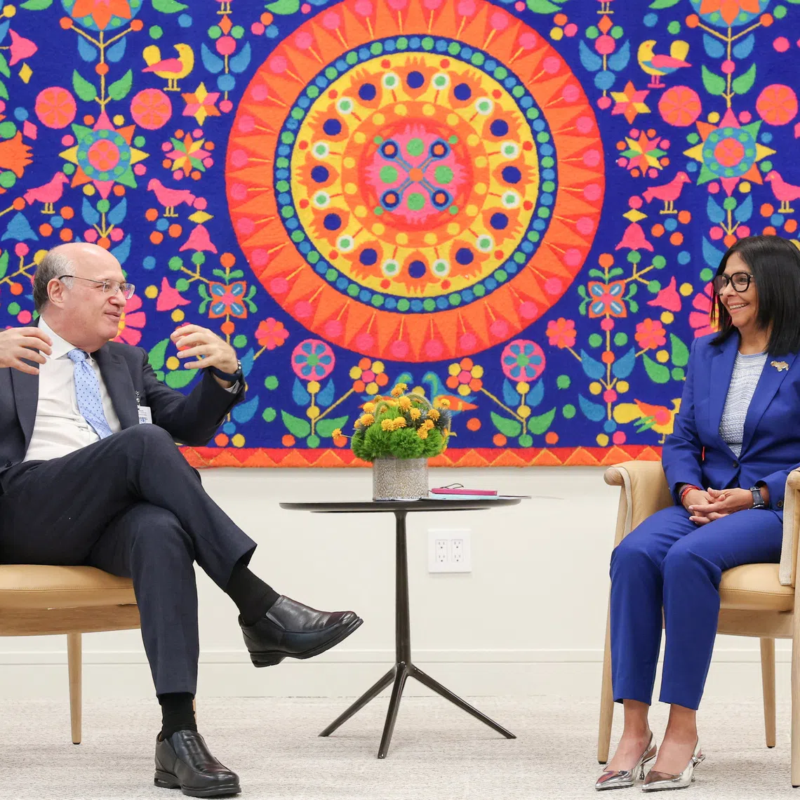 Venezuela's acting President Delcy Rodriguez meets with Inter-American Development Bank President Ilan Goldfajn ahead of the 81st session of the United Nations General Assembly in New York City, US, September 21, 2026. Miraflores Palace/Handout via REUTERS