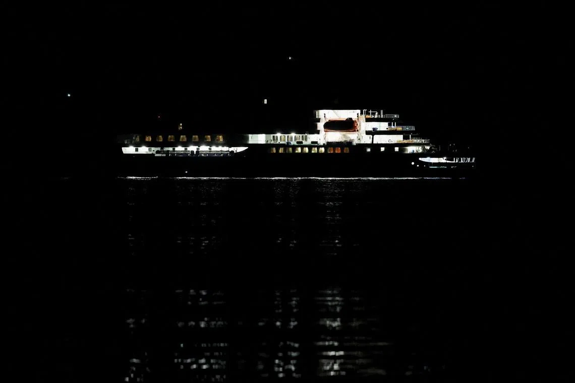 The cruise ship MV Hondius arrives at the port of Granadilla de Abona after being affected by a hantavirus outbreak, in Tenerife, Spain, May 10, 2026. REUTERS/Hannah McKay