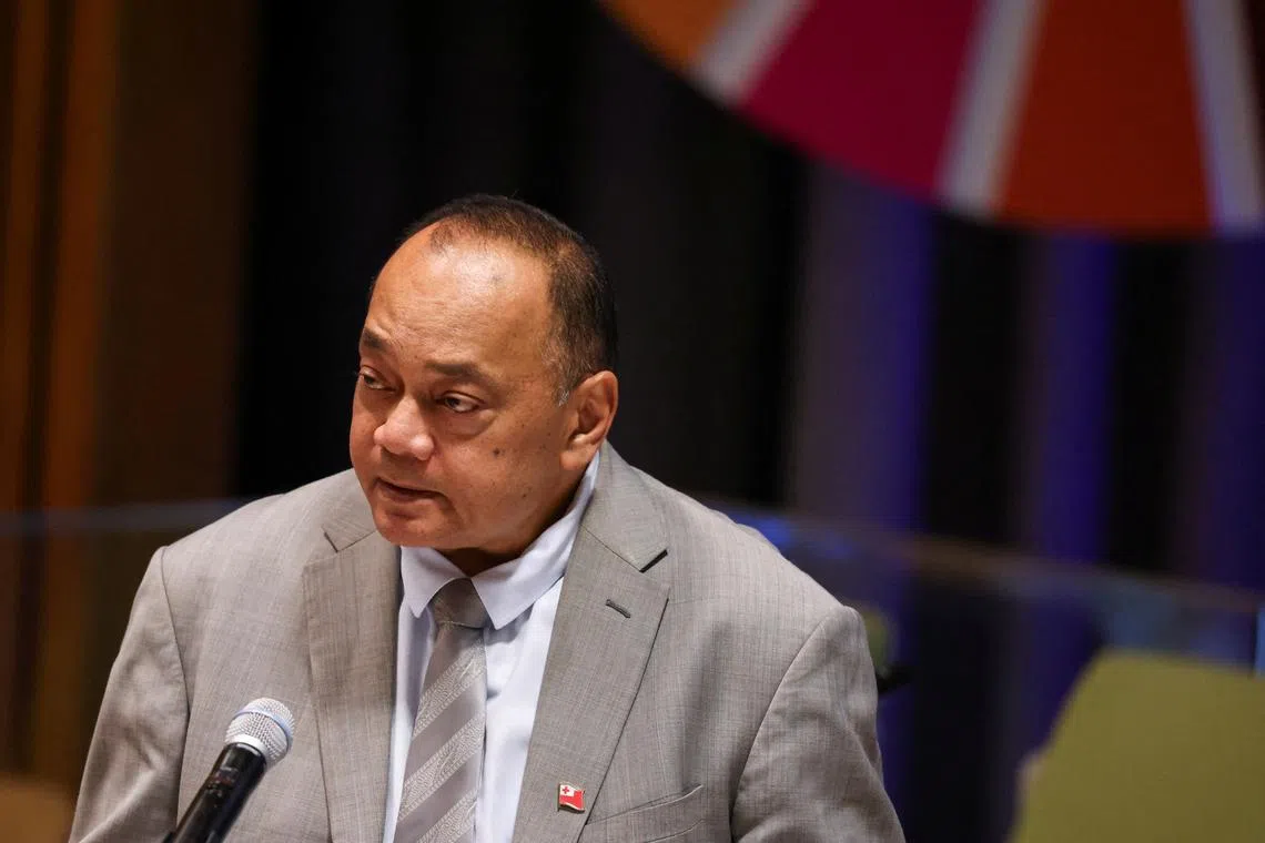 FILE PHOTO: Tonga's Prime Minister Siaosi Sovaleni speaks during the Sustainable Development Goals (SDG) Summit at United Nations headquarters in New York City, New York, U.S., September 18, 2023. REUTERS/Caitlin Ochs/File Photo