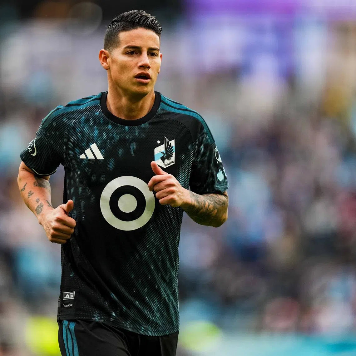 Apr 25, 2026; Saint Paul, Minnesota, USA; Minnesota United FC midfielder James Rodriguez (10) looks on during the first half against Los Angeles Football Club at Allianz Field. Mandatory Credit: Brace Hemmelgarn-Imagn Images