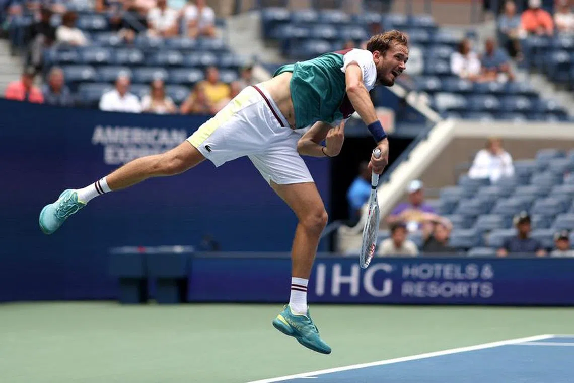 Tennis - U.S. Open - Flushing Meadows, New York, United States - August 29, 2023 Russia's Daniil Medvedev in action during his first round match against Hungary's Attila Balazs REUTERS/Mike Segar