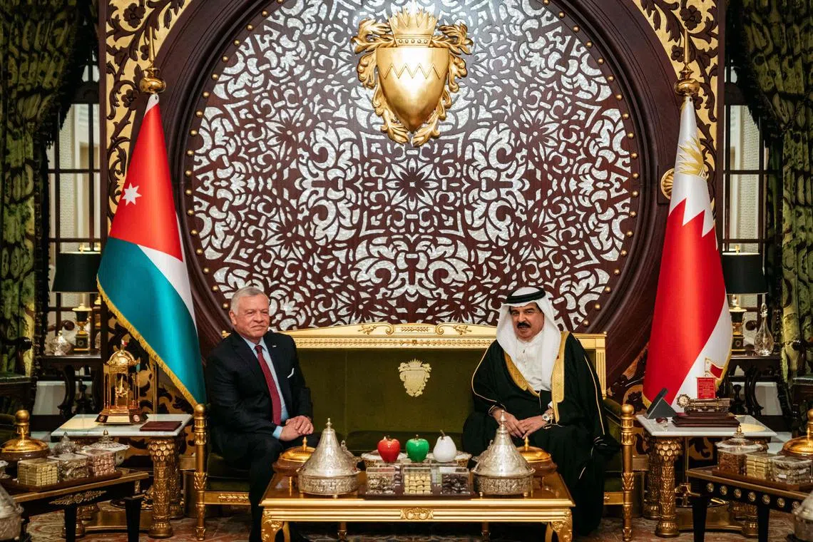 King Abdullah II (left) seen here meeting Bahrain's King Hamad bin Isa Al Khalifa in Sakhir on Saturday, touted a longtime commitment to preserving “peace and harmony” at Jerusalem’s Al-Aqsa mosque compound.  