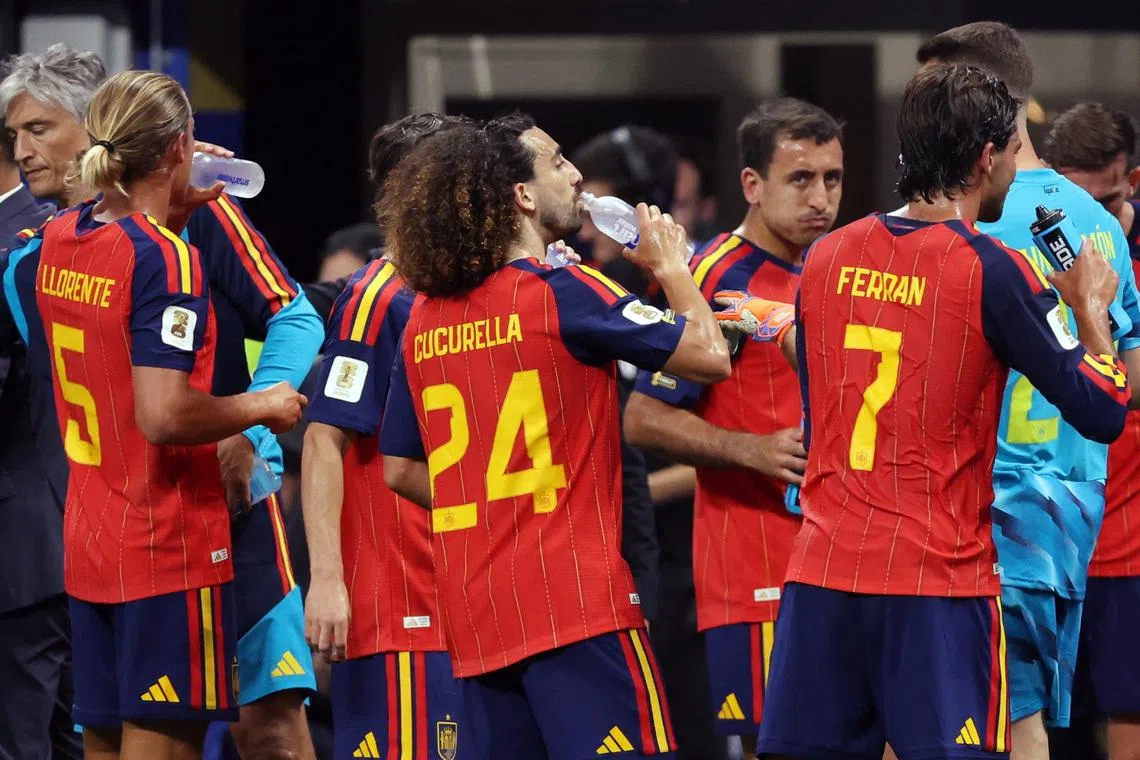 Spain's players such as (from left) Marcos Llorente, Marc Cucurella and Ferran Torres during the first-half hydration break in their opening 0-0 draw with Cape Verde at the World Cup on June 15. 