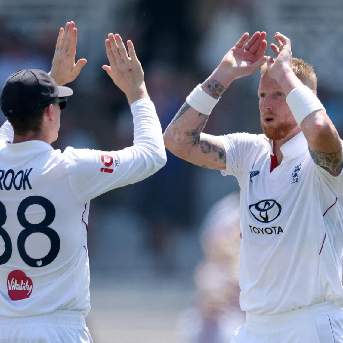 Cricket - England v New Zealand - Third Test - Trent Bridge Cricket Ground, Nottingham, Britain - June 26, 2026 England's Ben Stokes celebrates the wicket of Will O'Rourke with Harry Brook after a catch by Emilio Gay Action Images via Reuters/Andrew Boyers