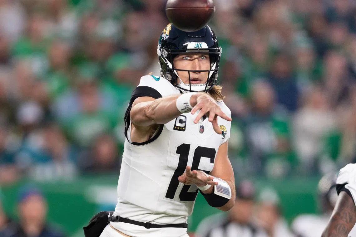 Nov 3, 2024; Philadelphia, Pennsylvania, USA; Jacksonville Jaguars quarterback Trevor Lawrence (16) passes the ball against the Philadelphia Eagles during the second quarter at Lincoln Financial Field. Mandatory Credit: Bill Streicher-Imagn Images/ File Photo
